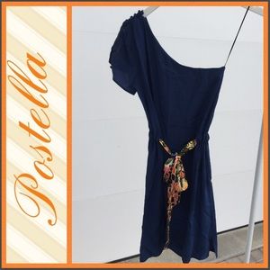 One Shoulder Postella Dress with Colorful Tie